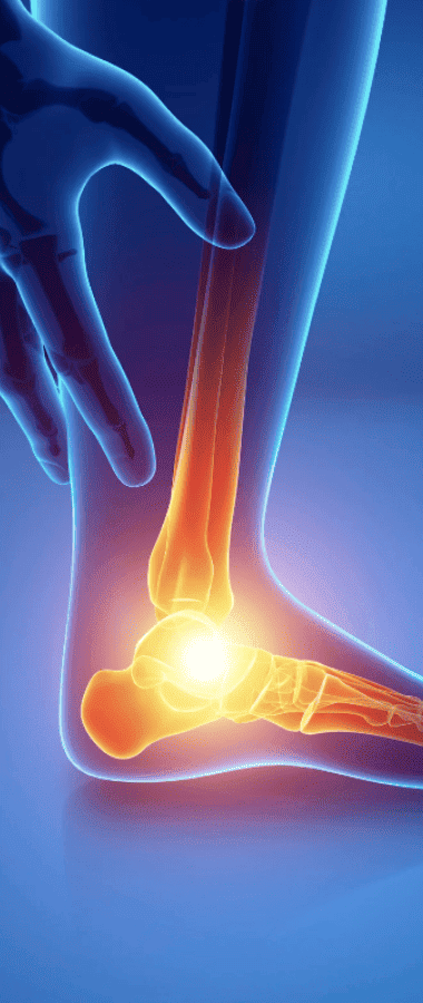 Highlighted ankle joint with glowing pain point in medical illustration.